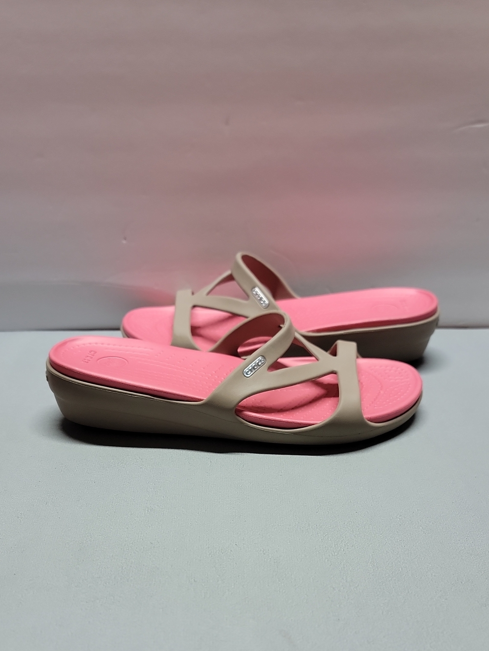 Crocs Hilga Wedge Sandals Womens Sz 10 Beige/Pink Strappy Slides Comfort